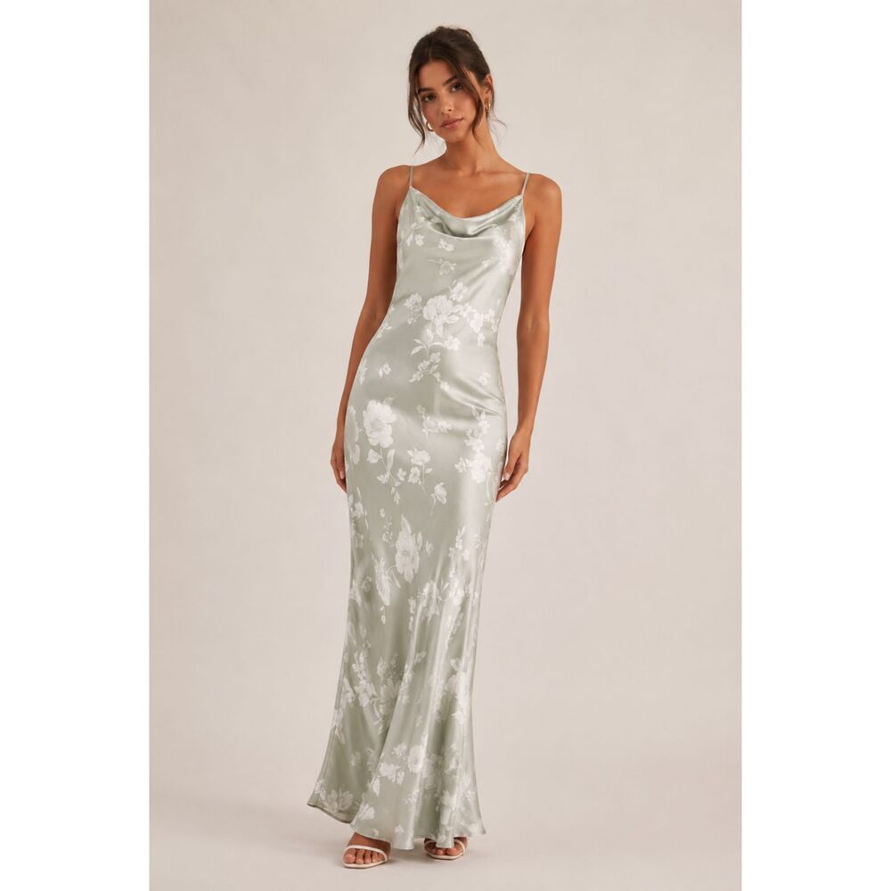 Altar'd State Sage Green Floral Satin Maxi Dress